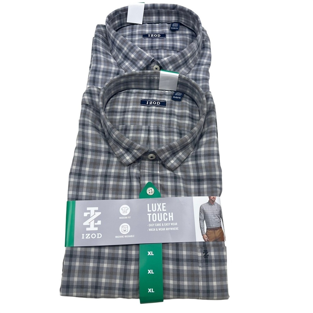 IZOD Luxe Touch Mens XL Modern Fit Plaid Button Down Shirt Gray 1797593 NEW